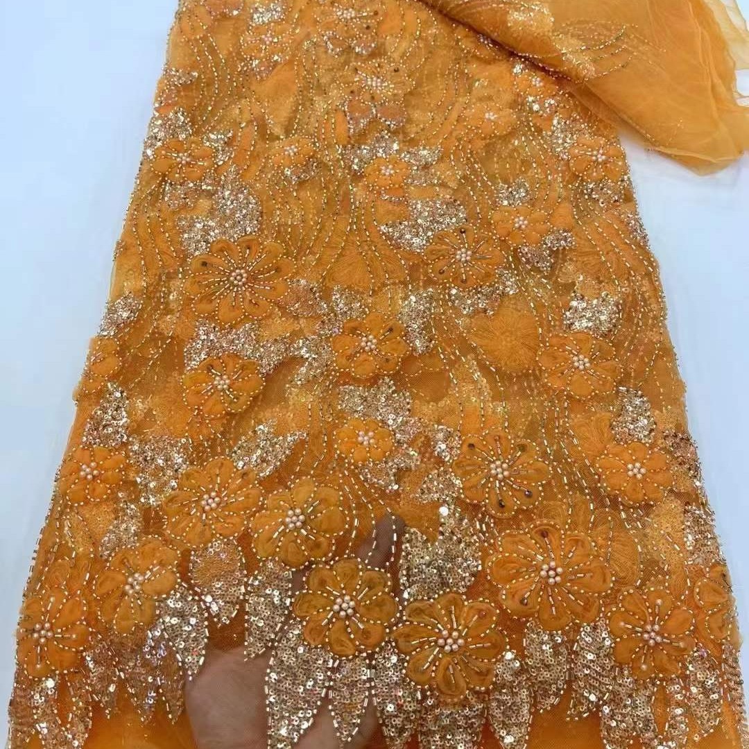 2024新品立体珠子网纱面料亮片珠管礼服裙时装面料包包辅料HL2448