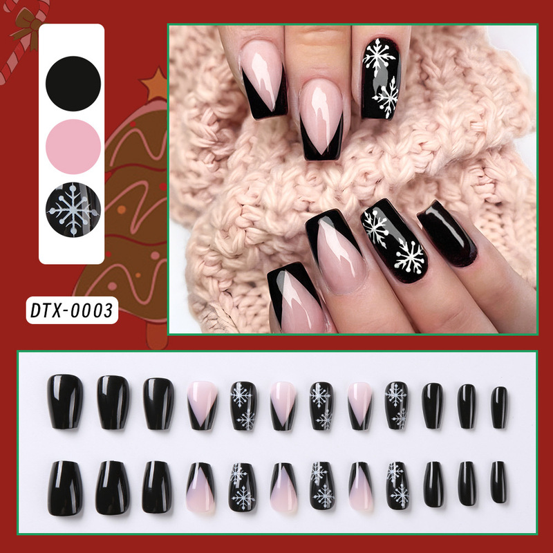 European and American Explosions 24 Christmas Black and White Snowflake Short Ladder Manicure Pieces Pure French Naked Powder Nail Wearing Nail Patch