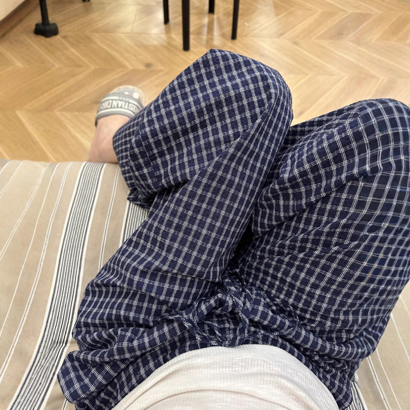 美式复古泡泡格纹阔腿休闲裤女夏季薄款低腰宽松裤子休闲运动长裤|undefined