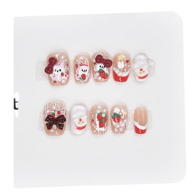 10 piezas de dibujos animados rojos manicure para usar piezas de uñas productos terminados al por mayor corto arco de Año Nuevo lindo piezas de manicure