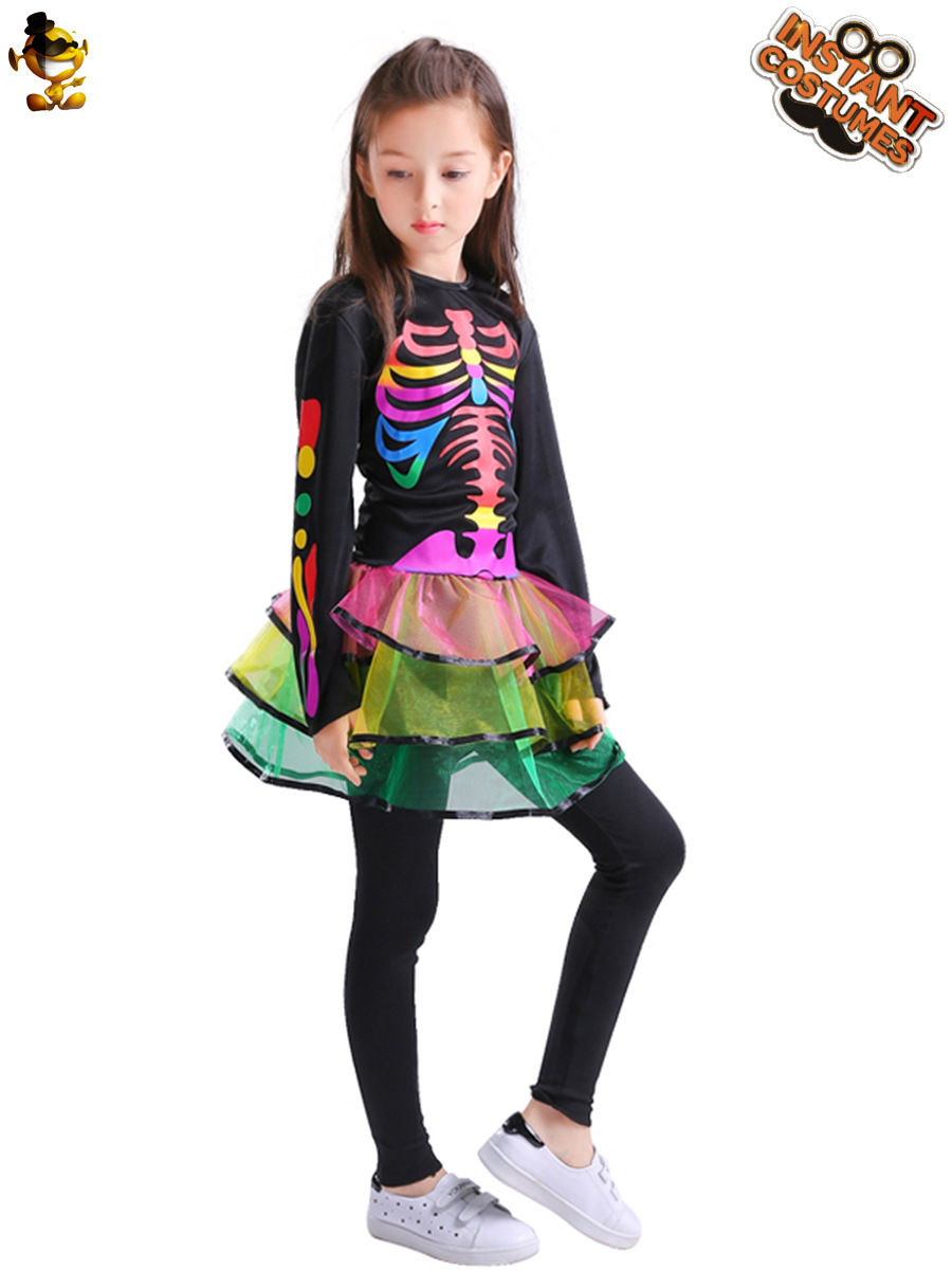 Halloween niños de las mujeres colorido fantasma hueso cráneo vestido etapa rendimiento ropa partido Cosplay ropa