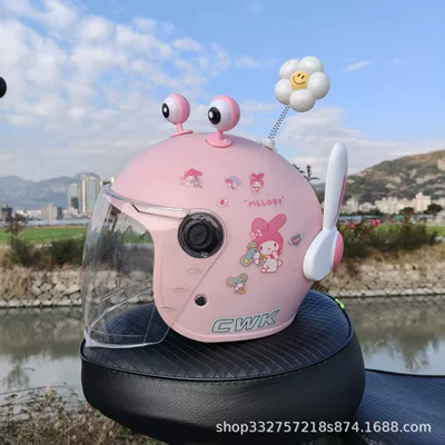 Motosiklet kaskı (dəbilqə): Men's and Women's Winter Half Helmet - peach-pink-melody-high-definition-long-mirror-pink-eyes-small-flowers-white-rabbit-ears-fall-and-winter-helmet-for-children-aged-1-5-years-old