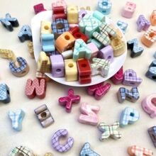 亚克力印花格纹字母珠横孔散珠diy发饰鞋带潮流搭配饰品配件材料