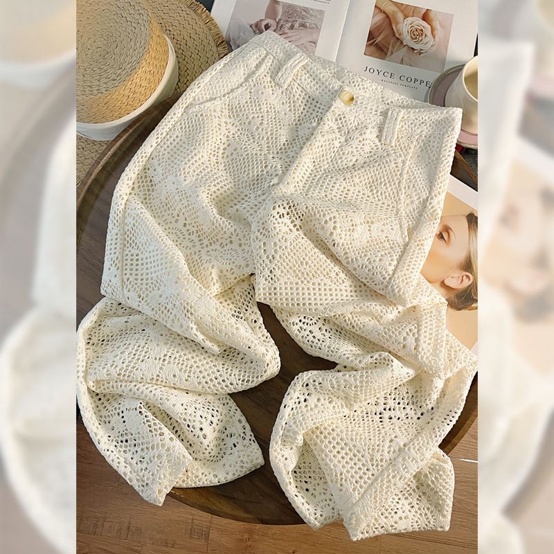 Women's Stylish Chic Hollowed Out Lace Casual Pants Straight Wide Leg Trousers Versatile Design New Summer Style_ecoleips.com