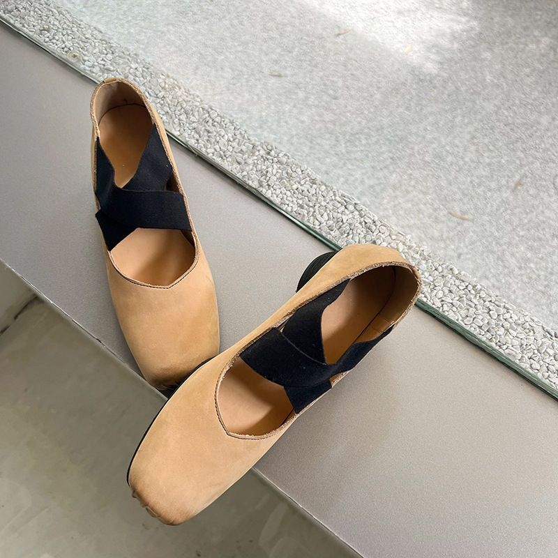Cowhide Retro Granny Shoes Square Toe Shallow Mouth Thick Heel Ballet Shoes Spring Elastic Band Casual Cross Strap Shoes