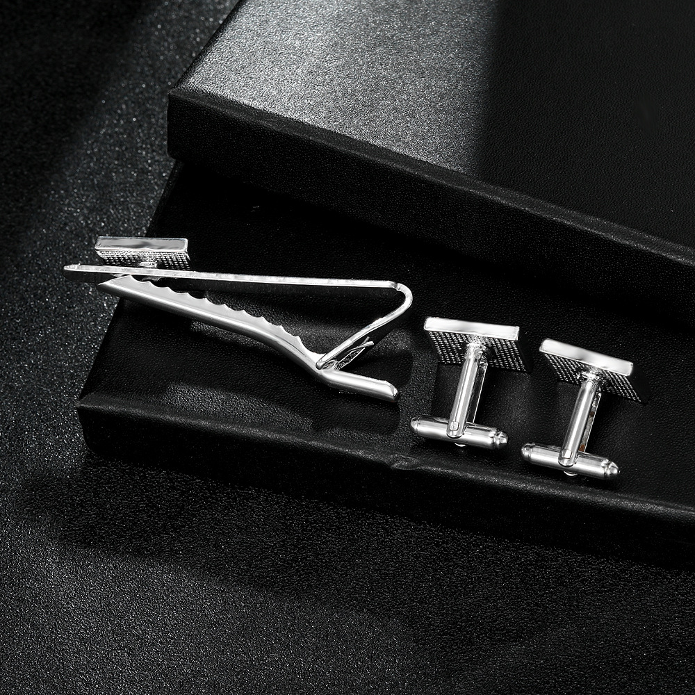 Cufflinks And Tie Clip Set With Blue Pattern For French Shirts_voghion.com