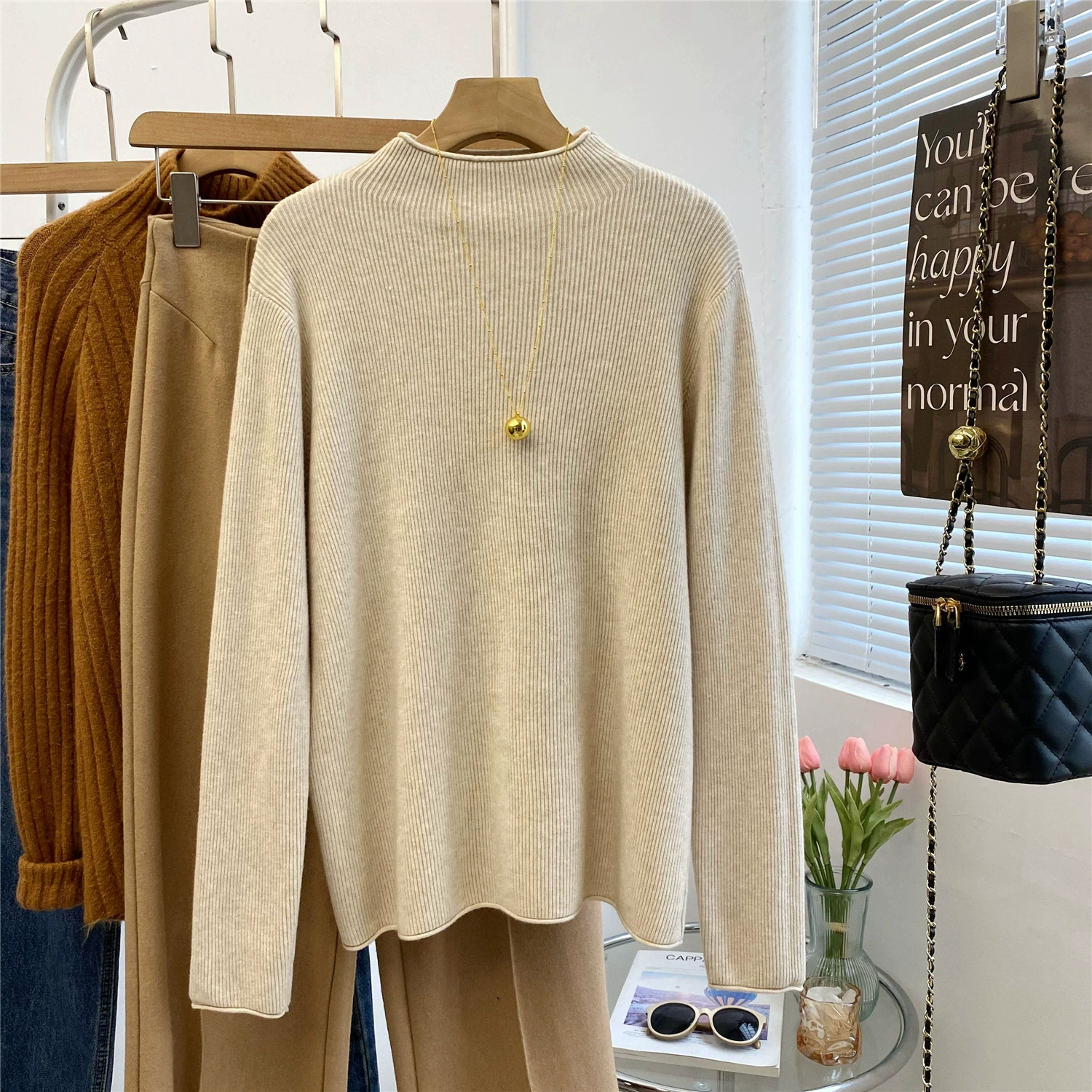 2022 осенне-зимний модный свитер с полувысоким воротником и краем, однотонная свободная Базовая рубашка с прямой трубкой, мягкая, приятная для кожи 2297