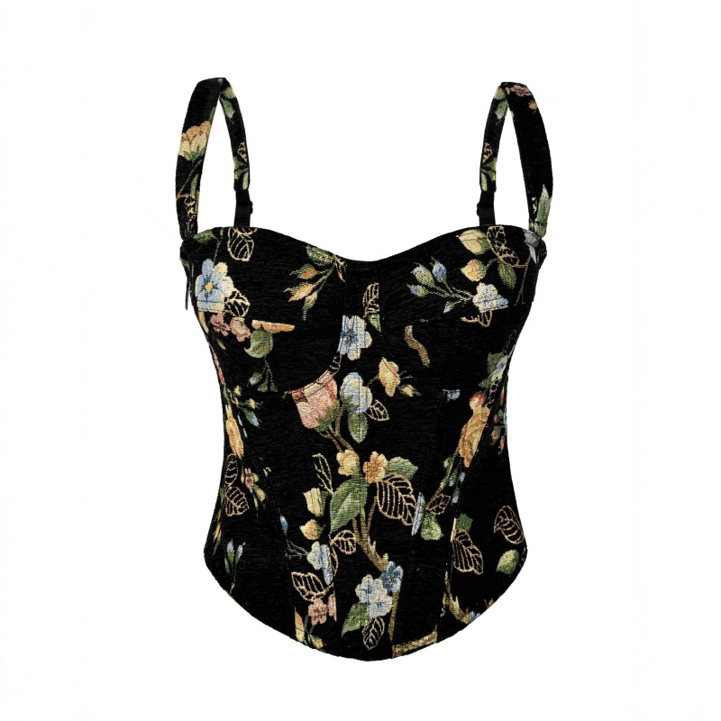 New Vintage Print Lace-Up Corset Floral Niche Camisole Slim Fit Padded Tank Top New Vintage Print Lace-Up Corset Floral Niche Camisole Slim Fit Padded Tank Top