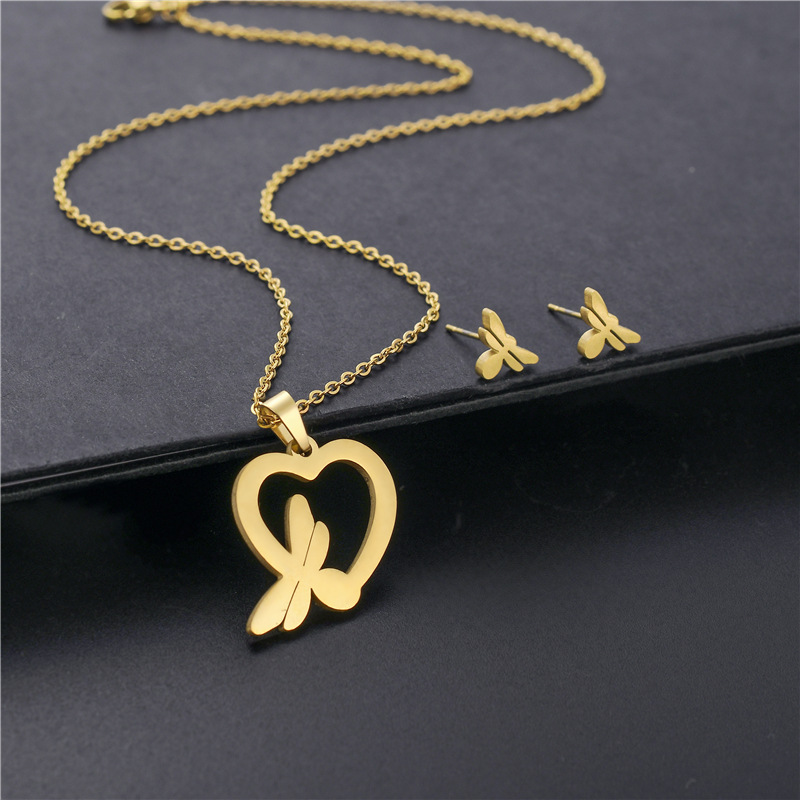 Fashion Heart-shaped Dragonfly Stainless Steel Earrings Necklace Set