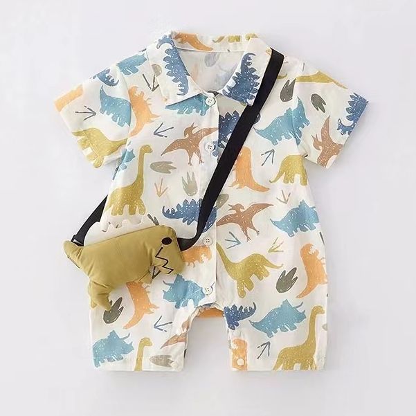 Ropa de verano para niños, ropa de bebé recién nacido, mamelero de manga corta de dinosaurio lindo de verano, una pieza delgada, muñeca de verano