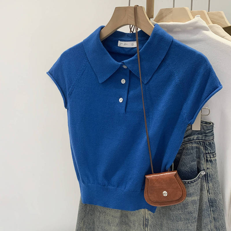Old Money Style White and Blue Knitted Short-Sleeve Women's Fashionable Polo Collar Button Top Summer Short T-Shirt Base Shirt