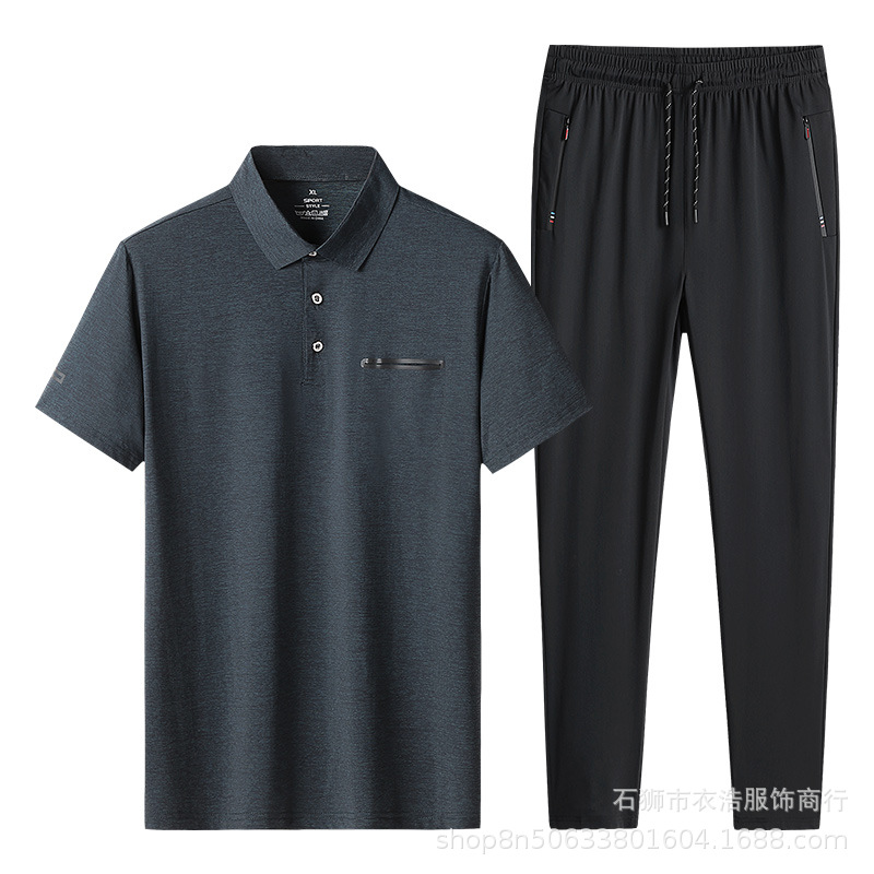Conjunto de dos piezas de camisa polo de seda helada para hombre, ideal para el verano, estilo casual de negocios para hombres de mediana edad y mayores, con solapa y manga corta, de secado rápido. image 6