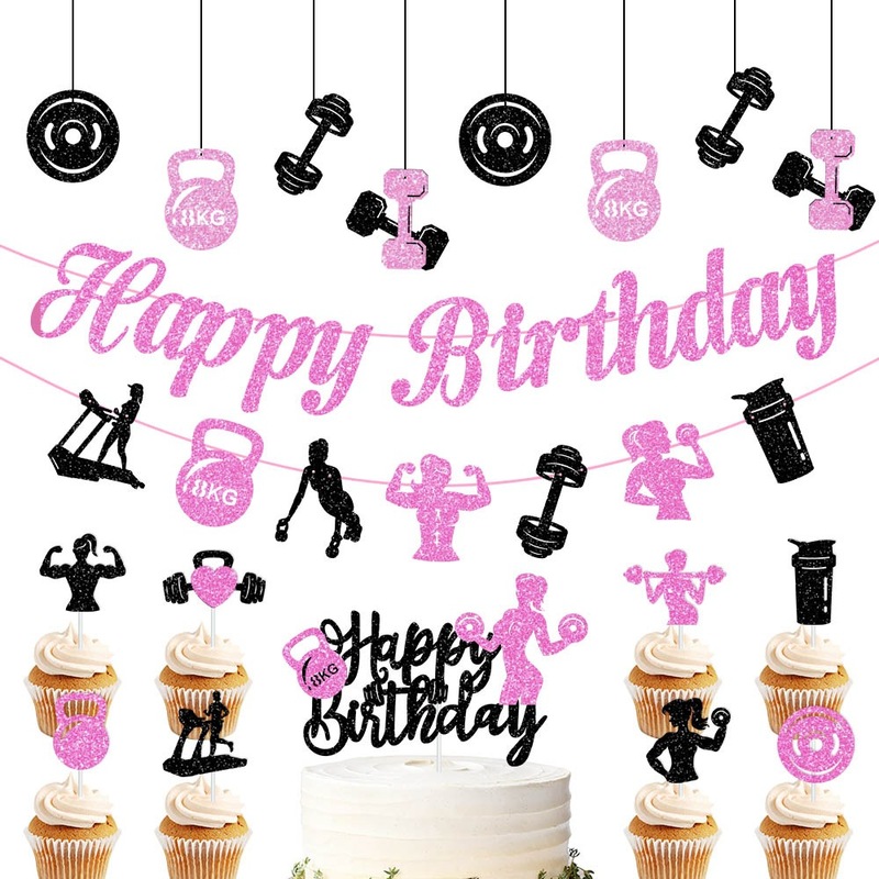 新款生日装饰布置健身拉旗 女生健身房生日派对装饰横幅蛋糕装饰|undefined