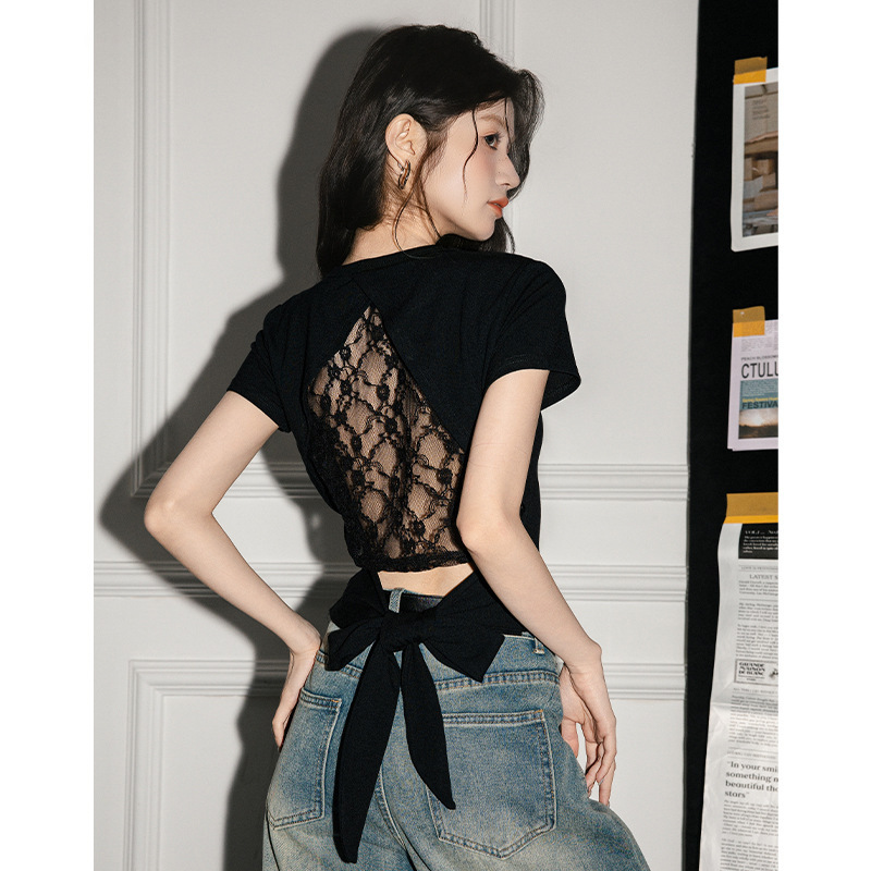 Summer Hollow Lace Backless Hot Girl Letter Print Short Sleeve T-Shirt Women's Slim Fit Black Patchwork Crop Top