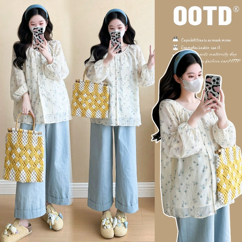 Реальный снимок ~ Свежая и простая рубашка с длинными рукавами и цветочным принтом для беременных, свободный утягивающий комплект с брюками-карго, милый и молодежный универсальный вариант.