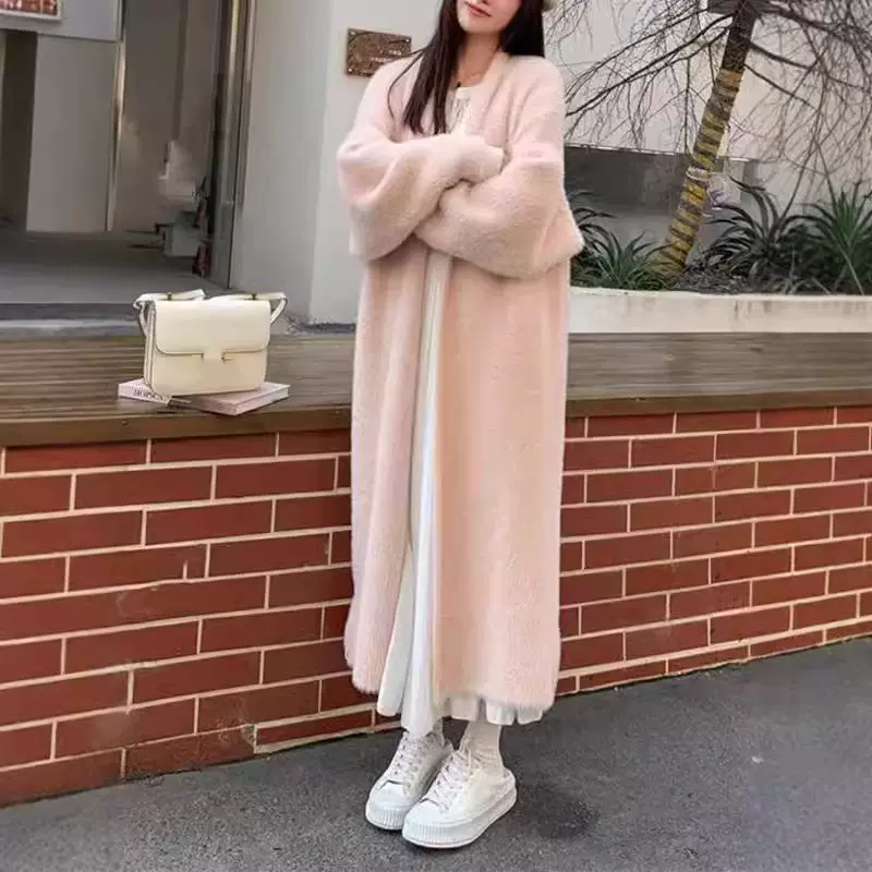 秋冬过膝仿水貂绒针织开衫女韩版宽松中长款慵懒风软糯毛衣外套女