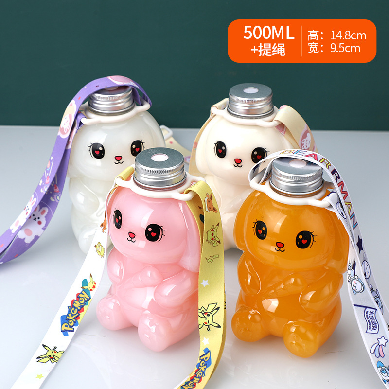 Lindo conejito de dibujos animados leche té botella PET plástico para llevar leche té taza 500ml botella de bebida desechable