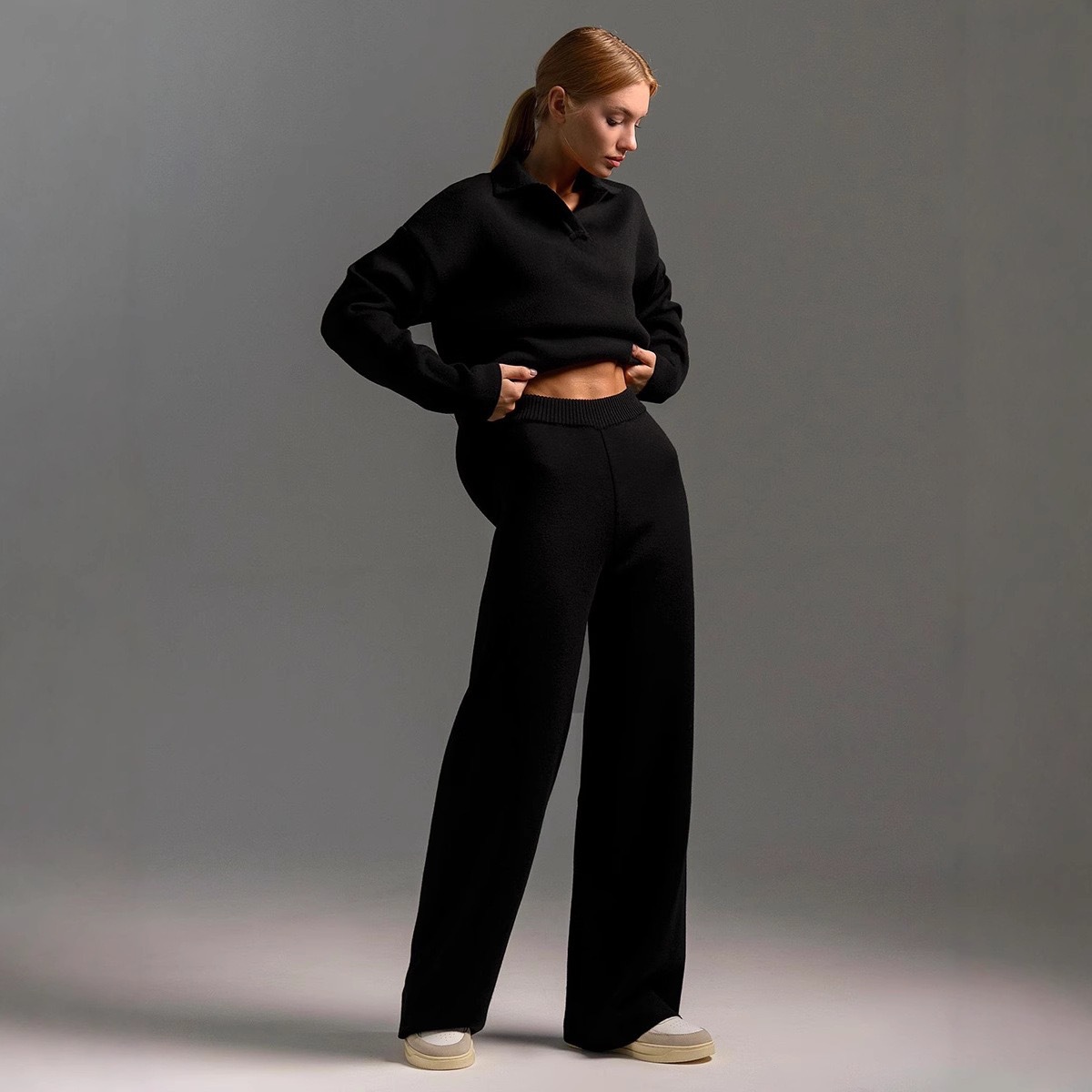 Damen Zweiteiler Set Mit Polo-kragen Pullover Und Hose Modisch_voghion.com