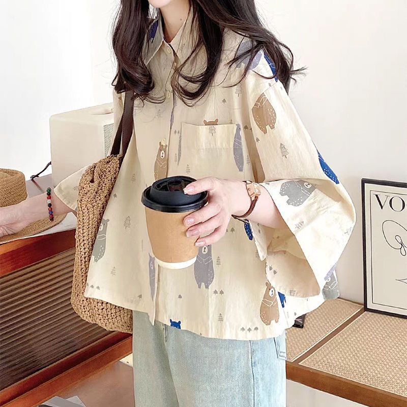 Shirt Blouse 2025 New Summer Casual Loose Japanese Harajuku Style Short Printed Seven-Sleeve Shirt Shirt Blouse 2025 New Summer Casual Loose Japanese Harajuku Style Short Printed Seven-Sleeve Shirt