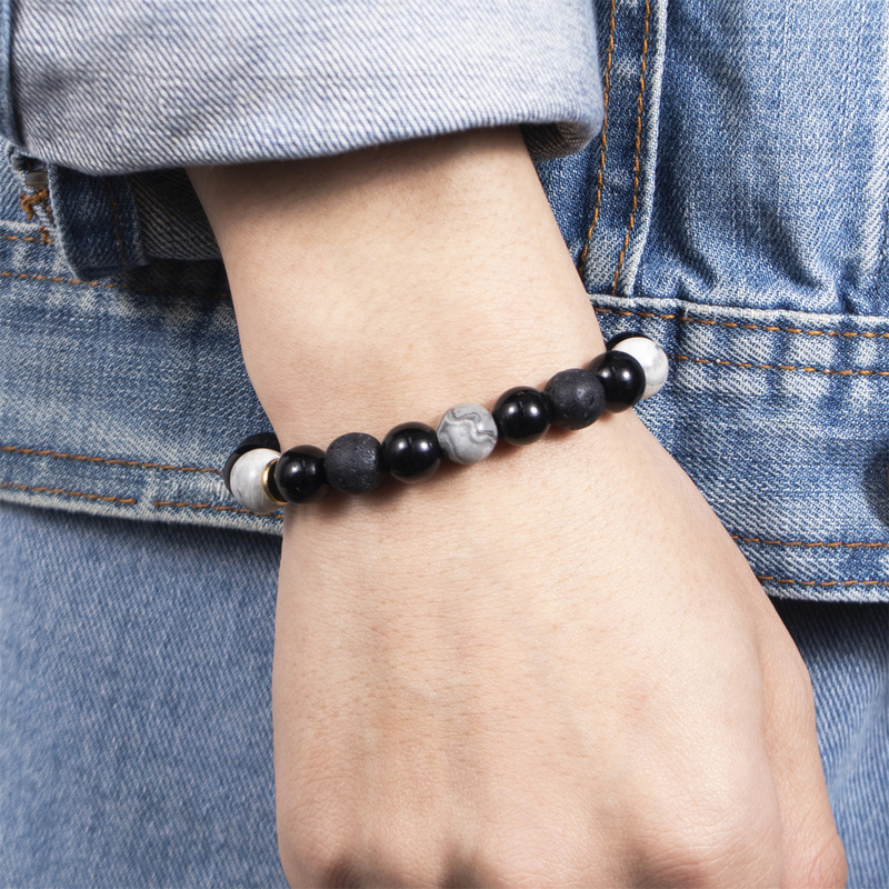 New Cross-border Volcanic Stone Lava Block Woven Bracelet Men's Matte Black Glass Beads Adjustable Bracelet