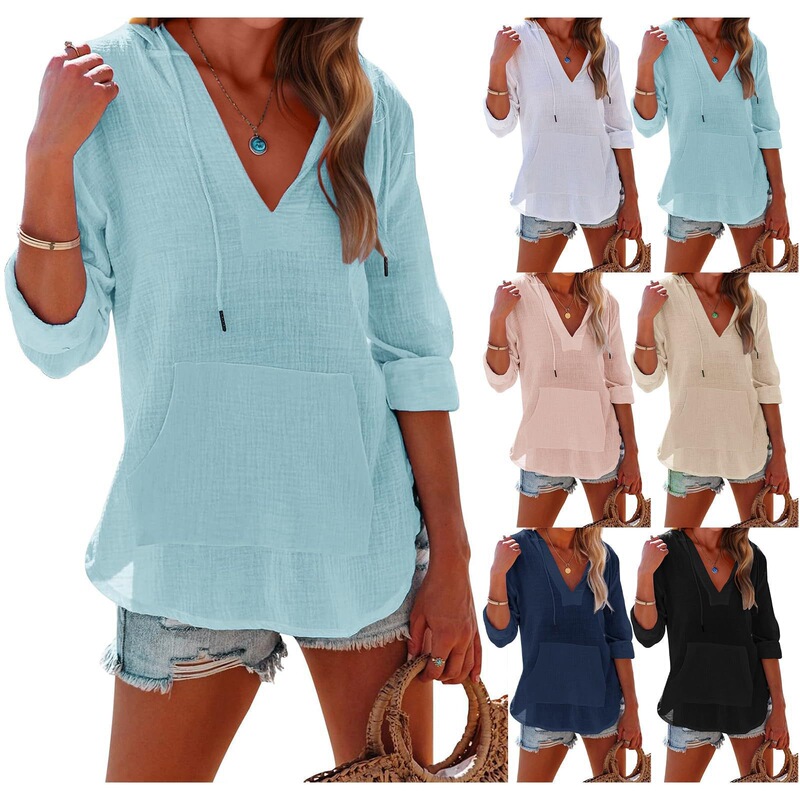 2025 Amazon Summer Beach Cover-Up Hoodie Sports Long Sleeve V-Neck Pocket Hooded Women's Shirt Top 2025 Amazon Summer Beach Cover-Up Hoodie Sports Long Sleeve V-Neck Pocket Hooded Women's Shirt Top