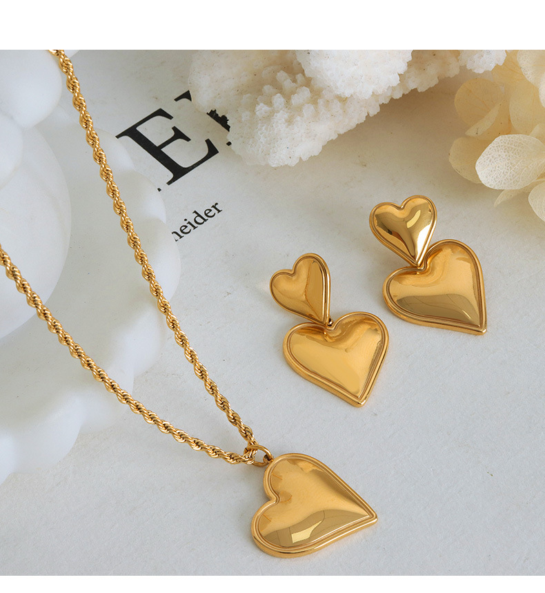 Casual, Daily Occasion PVD Coated Real Gold Plated 18K Gold Heart Shape Titanium Steel Sweet Simple Style Waterproof Non Tarnish Earrings Necklace