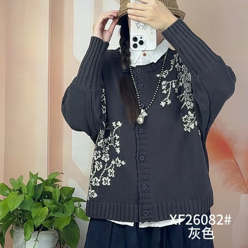 新品气质时尚单排扣显瘦上衣女提花针织开衫外套|undefined