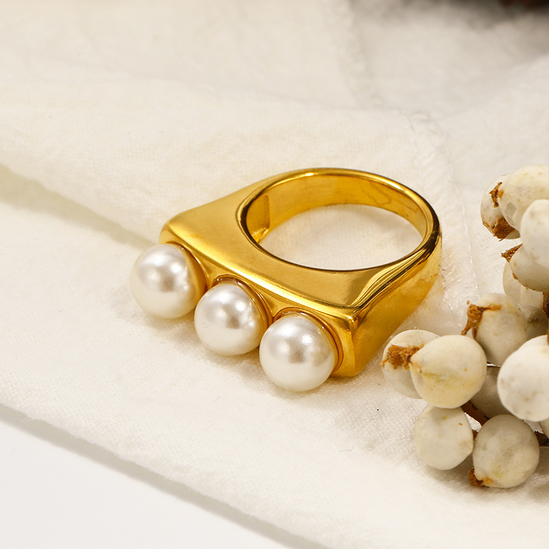 13g Weight Artificial Pearls, December Birthstone Turquoise Inlay Material Rings Classification 1 Piece Quantity Banquet, Party Occasion Titanium Steel Material Geometric Pattern Women's Gender Plating, Inlay Design Elegant, Glam Style Titanium Steel Elegant Glam Geometric Plating Inlay Artificial Pearls Turquoise Rings 12