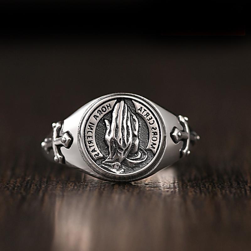 Thai Silver Retro Praying Hands Men's Ring Personalized Open Praying Creative Ring Fashion Thai Silver Jewelry