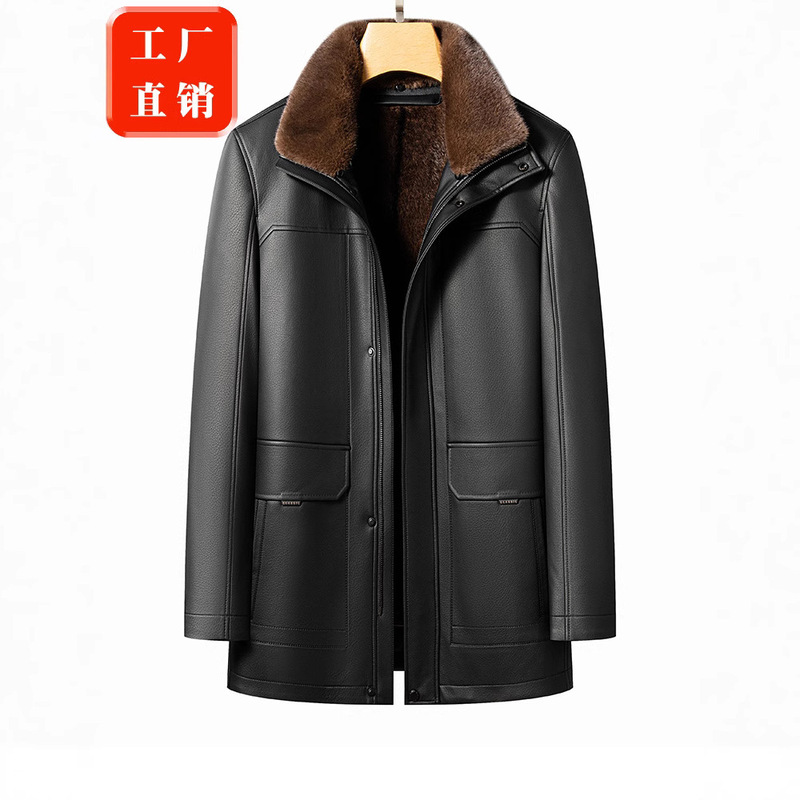 Haining Fur Parka Genuine Leather Jacket Men's Cowhide Jacket with Removable Fur Lining Integrated Coat