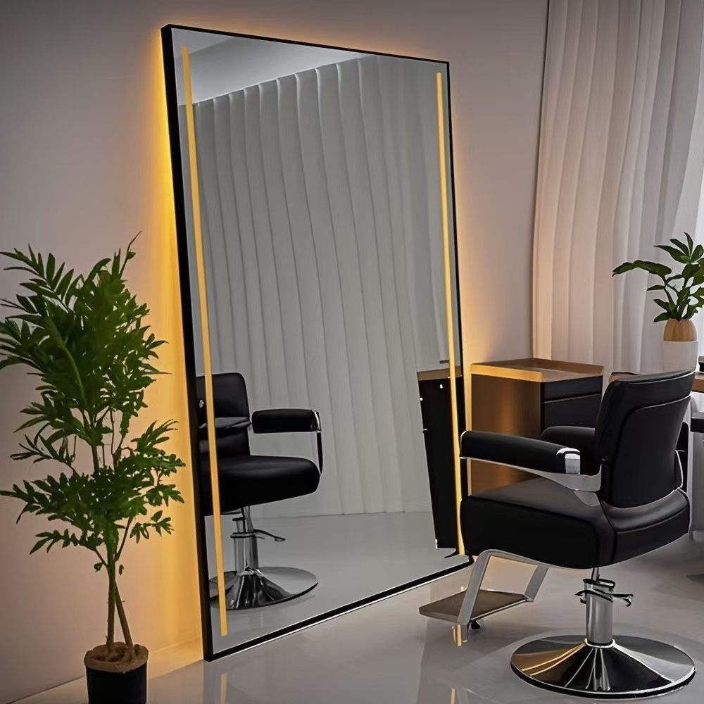 Barbería espejo salón especial de corte de pelo piso salón de espejo mesa de aleación de aluminio simple y doble cara con lámpara espejo barbería