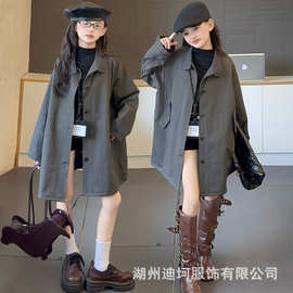 童外套2025秋款女童宽松英伦风纯色长袖风衣外套中大童中长款大衣