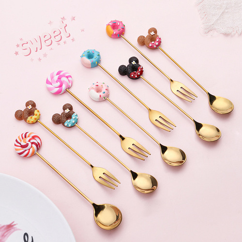 W Creative Stainless Steel Spoon and Fork Stirring Coffee Spoon Donut Spoon Cute Cartoon Fruit Fork Gift Box Set