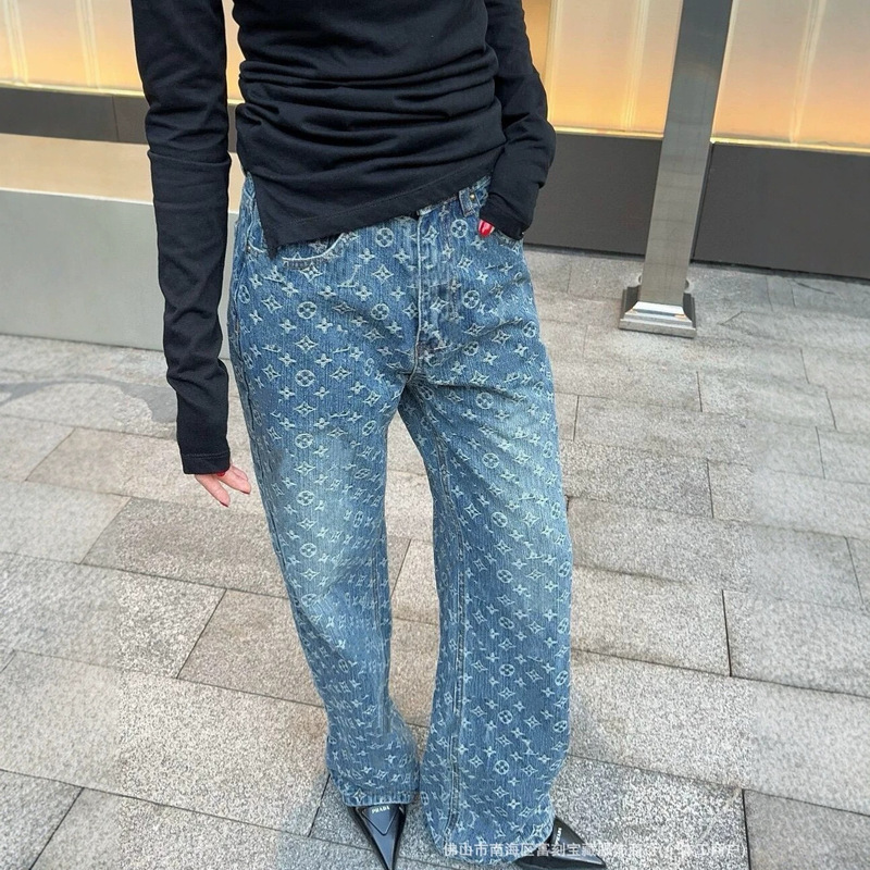 2026 Fall/Winter New Style Correct Version L Brand Full-Print Vintage Pattern Jeans Straight-Leg Casual Pants Slimming Trendy 2026 Fall/Winter New Style Correct Version L Brand Full-Print Vintage Pattern Jeans Straight-Leg Casual Pants Slimming Trendy