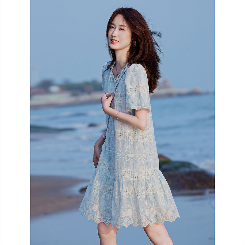 Korean Style Summer Heavy Industry Embroidered Lace Elegant Small Dress Round Neck Bubble A-Line Dress for Women