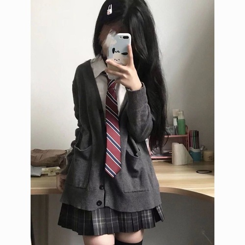 Sweet college style solid color sweater for girls, loose and versatile solid color long-sleeved v-neck knitted cardigan jk suit