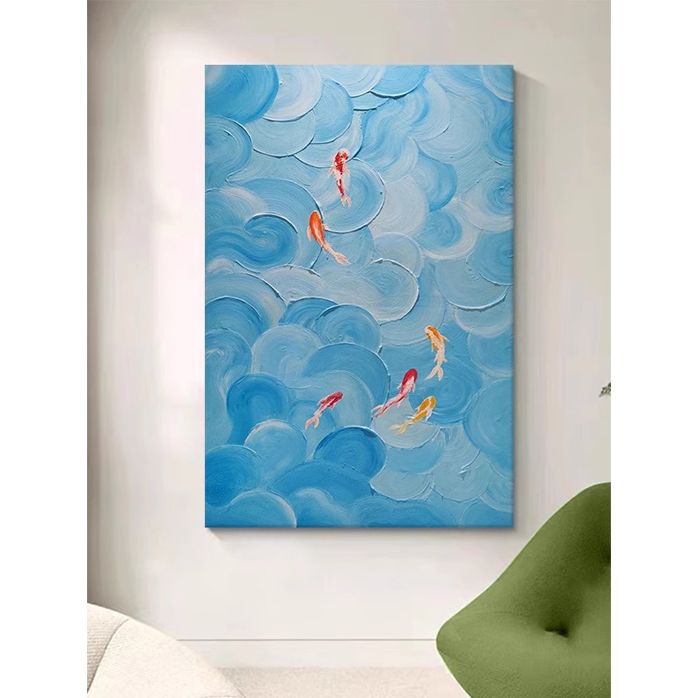 New Chinese-Style Abstract Koi Living Room Decorative Painting with Blue Waves and Nine Fish, Decorative Hanging Painting with Good Meaning Mural