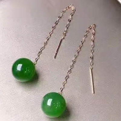 耳饰批发代发 时尚新款菠菜绿耳环10MM耳线18K金天然和田碧玉耳坠