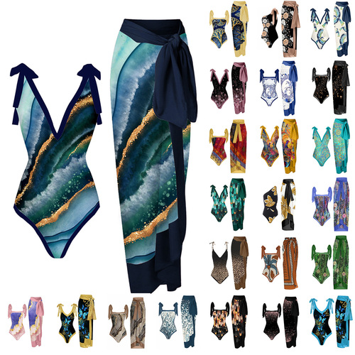 Retro European and American Conservative One-piece Bikini Swimwear Set for Women with Net Covered Blouse
