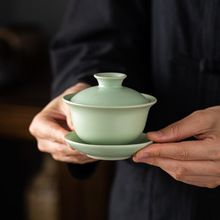天青汝窑三才盖碗大号泡茶碗单个介茶杯家用陶瓷功夫茶具开片茶具