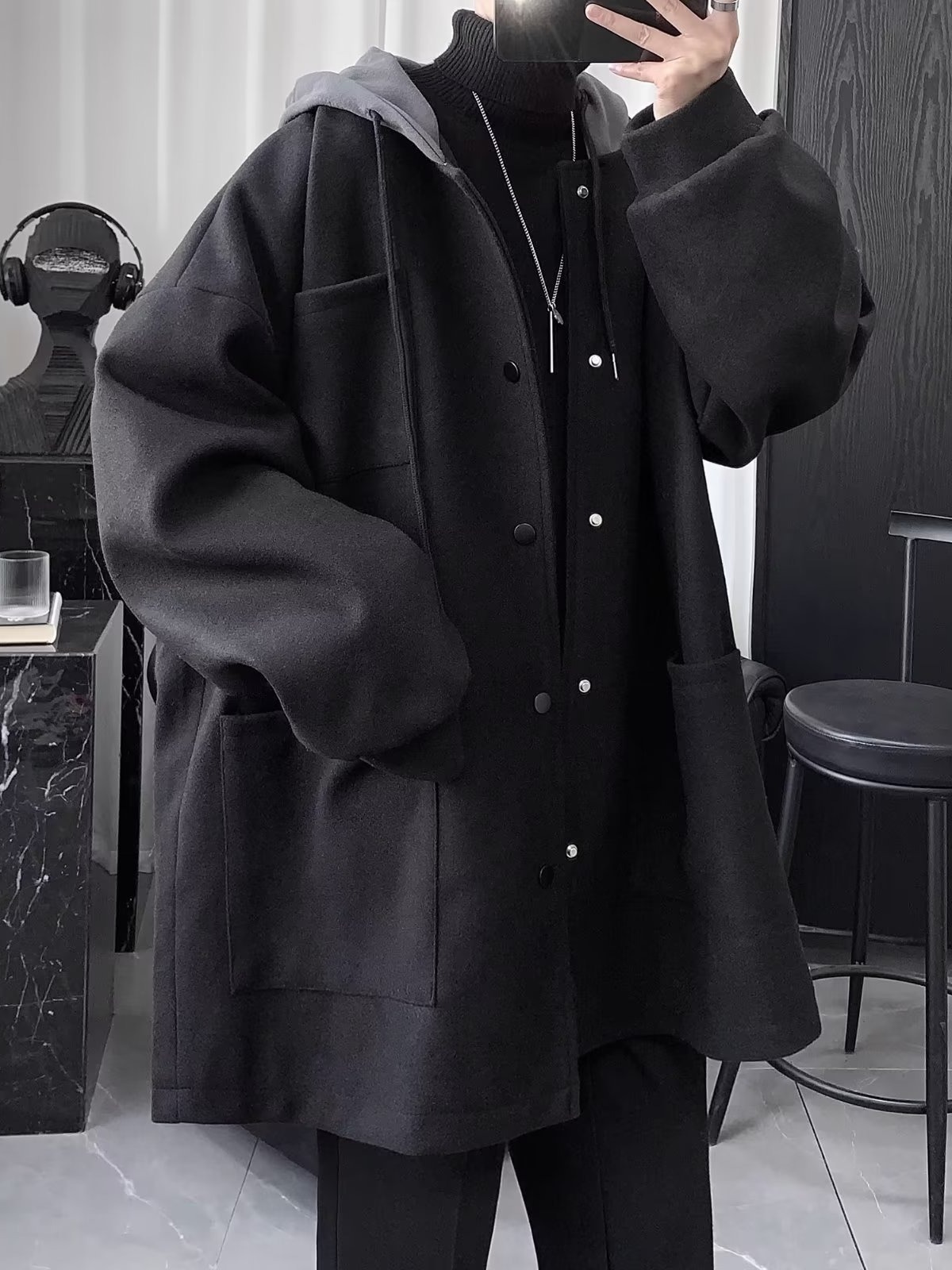 Abrigo de lana de dos piezas falso abrigo de lana de invierno para hombre de longitud media sobre la rodilla abrigo de lana estilo británico algodón y engrosamiento Abrigo con capucha