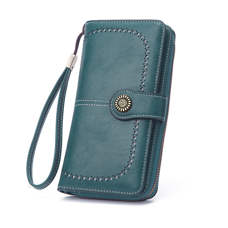 Cross-Border Hot Selling New Women's Wallet Retro Oil Wax Leather Long Hollow Wallet Multi-Functional Large Capacity Mobile Phone Bag