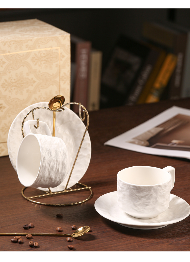 Matte Rock Pattern High Value Ceramic Coffee Cup And Saucer Set With Spoon Afternoon Tea Storage Rack Retro Home Gift Box_voghion.com
