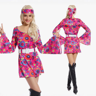 2025 Spring European and American Sexy Hot Girl Stage Performance Girl Group Dress Milk Silk Retro Print Long Sleeve Polyester
