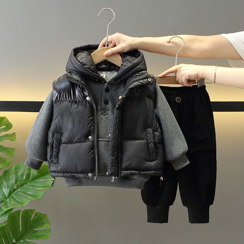 韩版马甲宝宝男童加绒加厚洋气儿童冬装套装2025潮新款冬季三件套