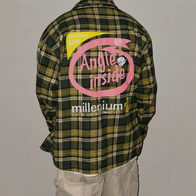 False Perception 26Ss Devil Intel Graffiti Washed Plaid Shirt False Perception 26Ss Devil Intel Graffiti Washed Plaid Shirt