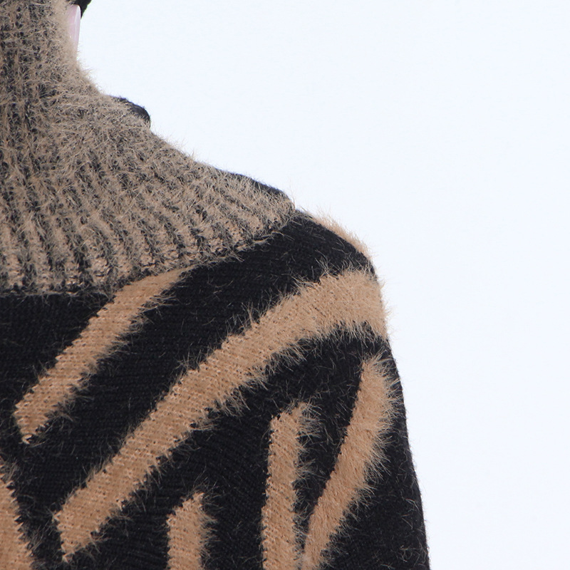 Loose Knitted Dress Winter Stand Collar Oblique Buckle Long Sleeve Mink Hair Sweater with Belt