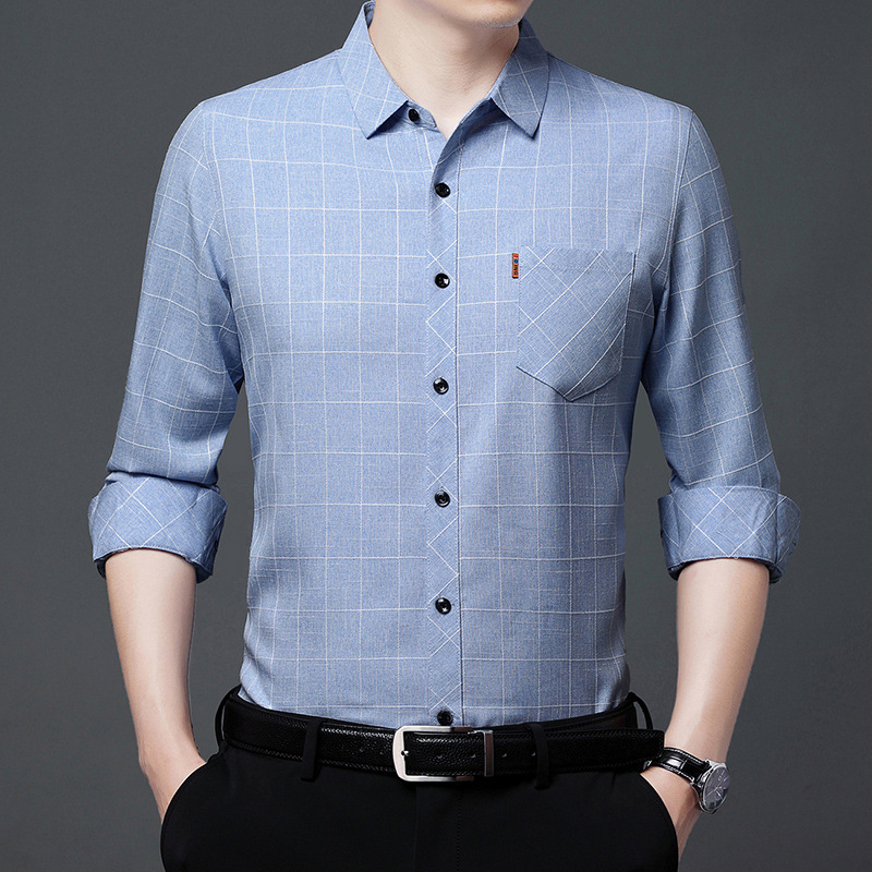 Autumn men's plaid long-sleeve shirt with a collar and real pockets, a soft and skin-friendly business casual shirt for everyday wear
