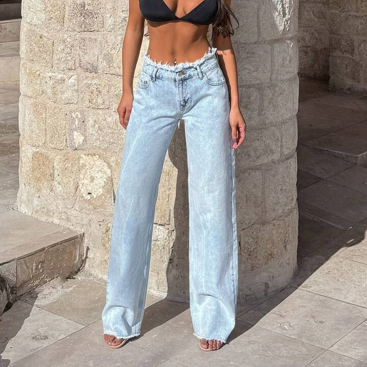 Vintage High-Waist Schlagjeans Unisex Retro Denim Wide-Leg Hose mit ausgefranstem Saum 95% Baumwolle Stretch S-XL_voghion.com