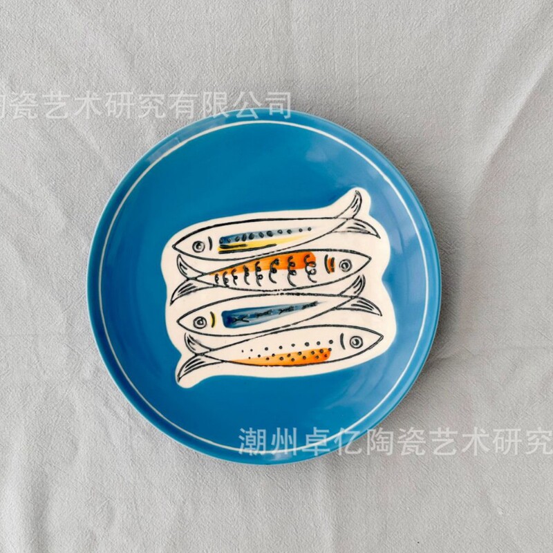 Chinese-Style Ceramic Plate with Underglaze Color, Fruit Plate, Round Plate, Tableware, Soup and Rice Dish, Ceramic Plate, Dining Table Set